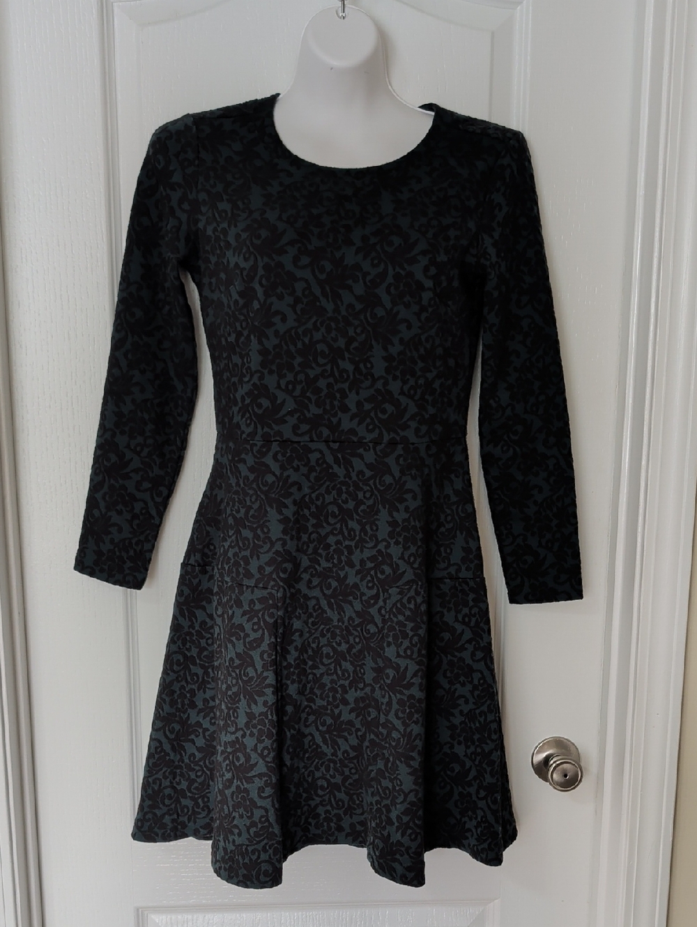 LOFT Black Damask Long Sleeve Fit & Flare Mini Dress